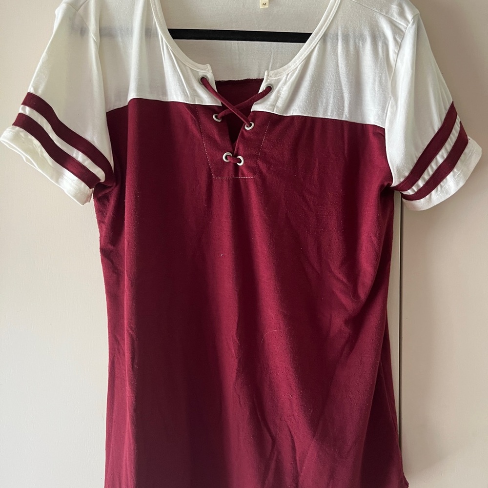 Maurices Burgundy and White Lace-Up Blouse